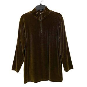 Vintage Velour Womens 1/4 Zip Top L Brown Pinstripe Casual Comfy Fall Mock Neck